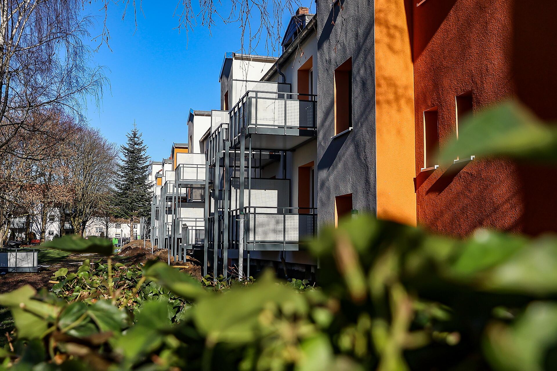 Modernisierte Hausrückwände von Mehrfamilienhäusern mit bunter Farbe und neuen Balkonen und Blick ins Grüne